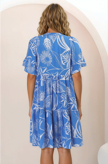 Abilia Mini Dress - Mandarin Collar Buttoned Bodice Smock Dress in Havanna Print in Blue