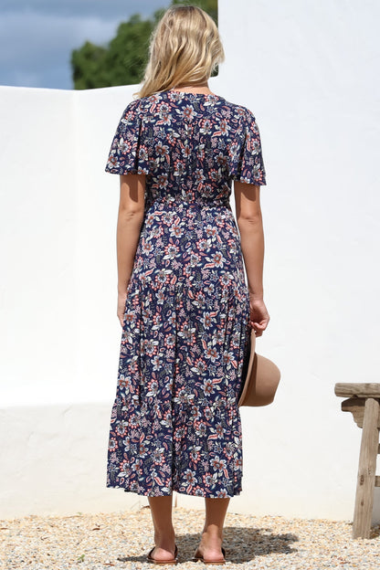 Adhira Maxi Dress - Buttoned Bodice A Line Dress With Flute Sleeves In Marla Print Navy