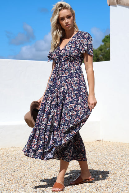 Adhira Maxi Dress - Buttoned Bodice A Line Dress With Flute Sleeves In Marla Print Navy