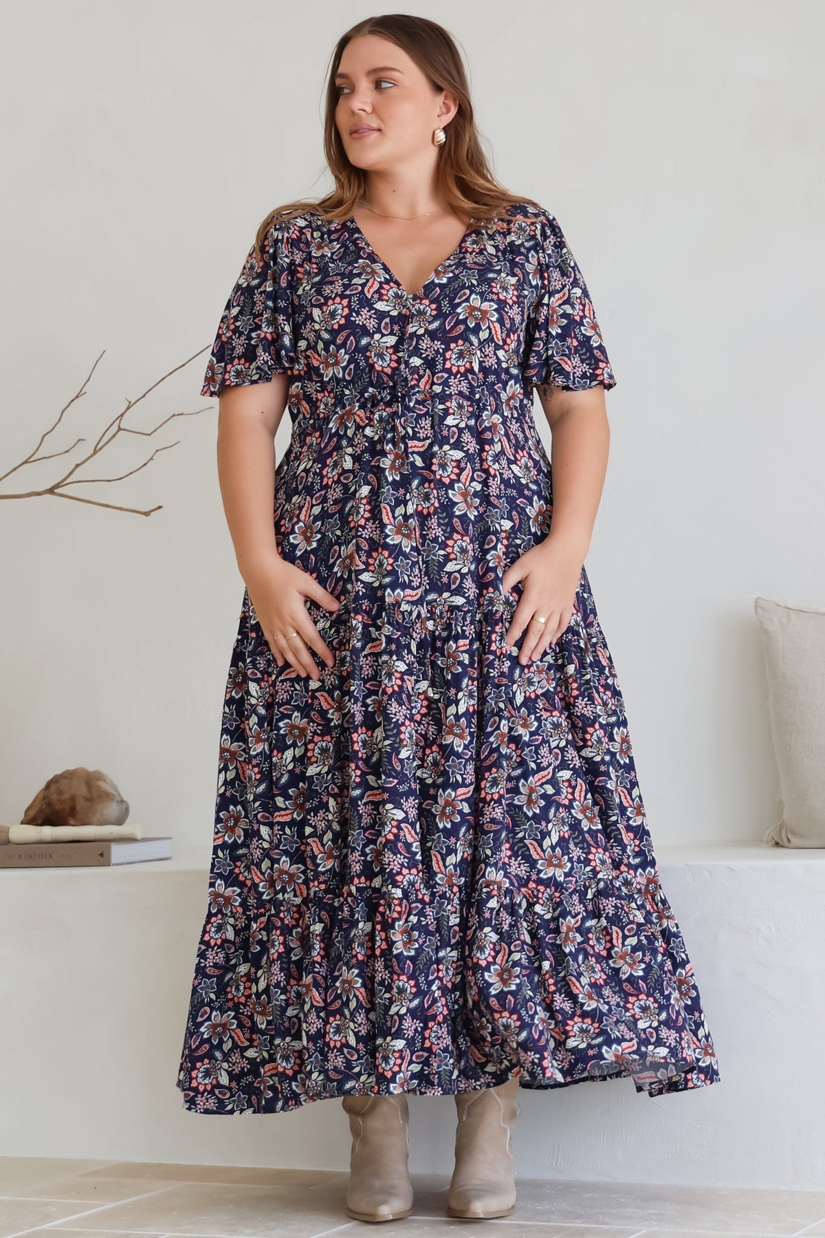 Adhira Maxi Dress - Buttoned Bodice A Line Dress With Flute Sleeves In Marla Print Navy