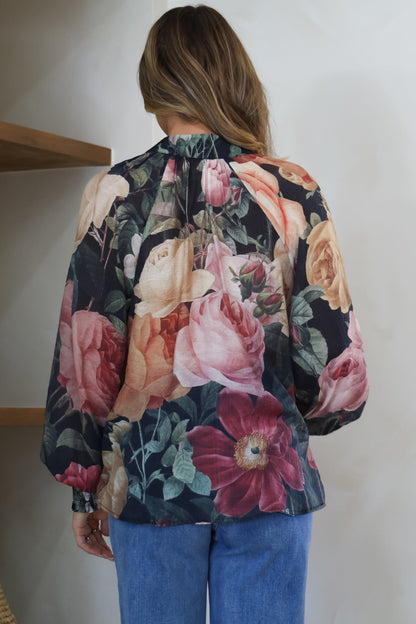 Adora Top - Mandarin Collar Button-Down with Long Balloon Sleeves in Annalisa Print