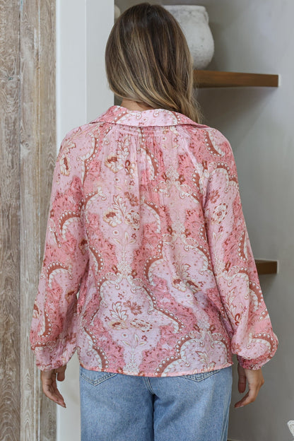 Akri Blouse - Wing Collar Button Down with Long Sleeves in Delta Print