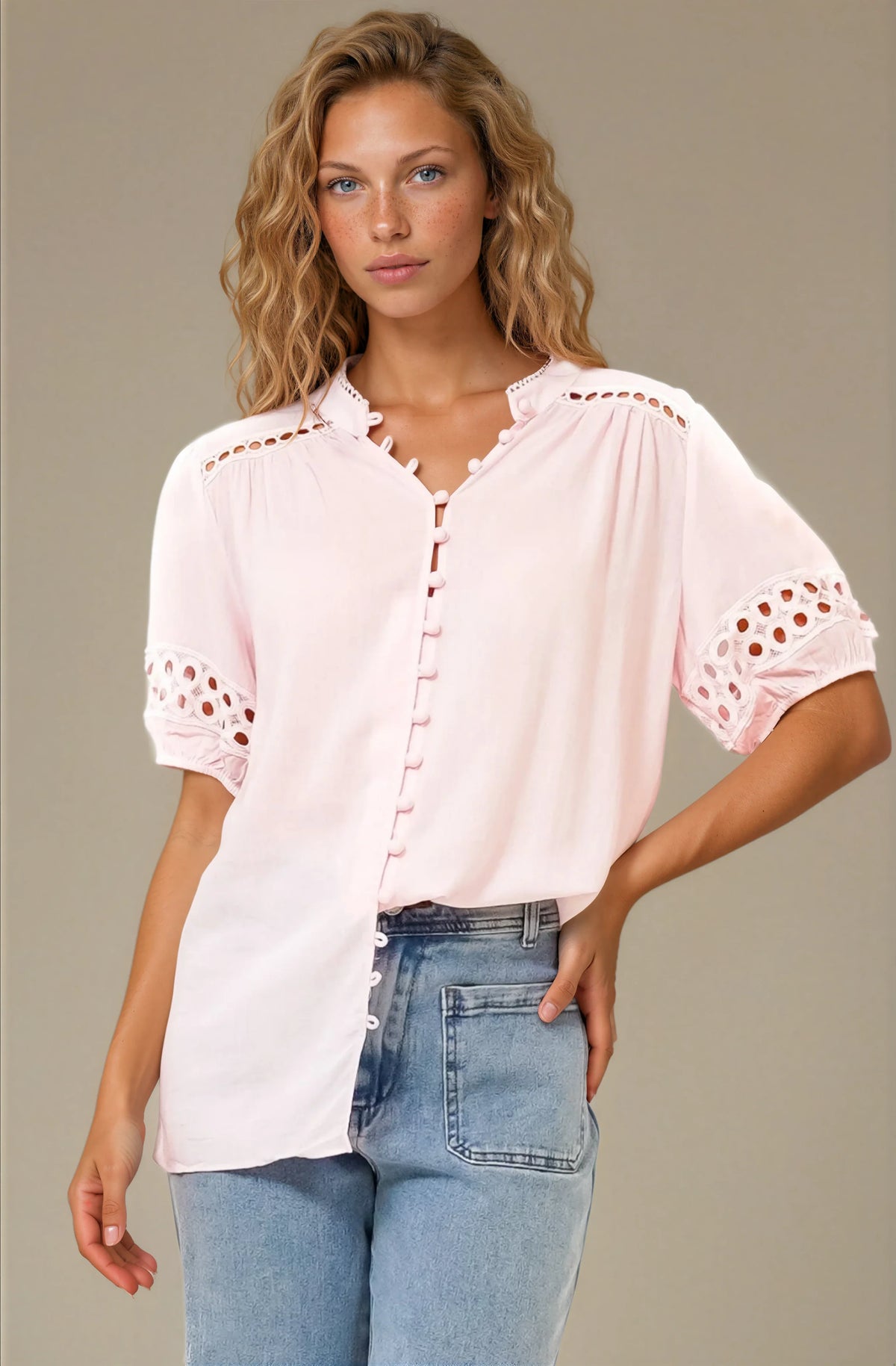 Alenna Shirt - Mandarin Collar Cut Out Detailed Short Sleeve Button Down in Pink