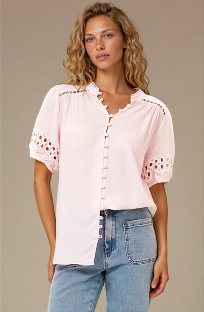 Alenna Shirt - Mandarin Collar Cut Out Detailed Short Sleeve Button Down in Pink