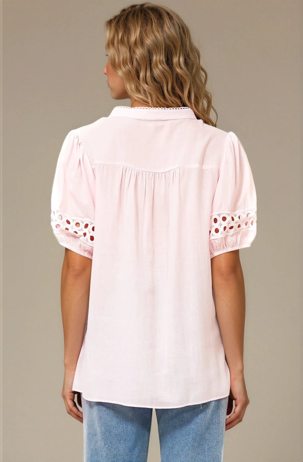 Alenna Shirt - Mandarin Collar Cut Out Detailed Short Sleeve Button Down in Pink