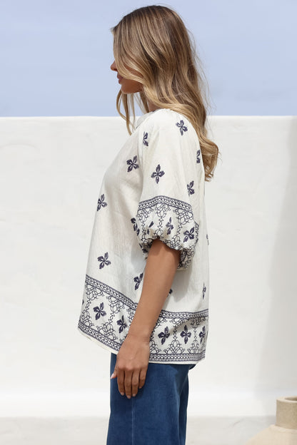 Alicia Top - Mandarin Collar Buttoned-Down Top in Sahara Print Navy