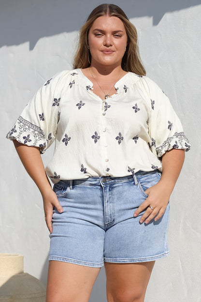 Alicia Top - Mandarin Collar Buttoned-Down Top in Sahara Print Navy