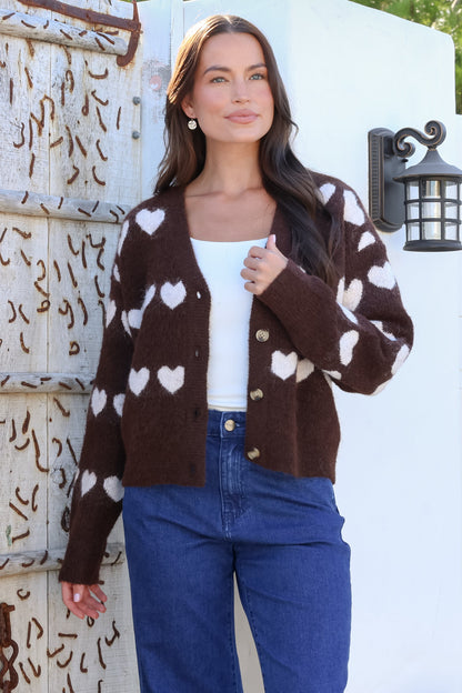 Allaria Cardigan - V-Neck Button Front Heart Motif Knit in Coffee