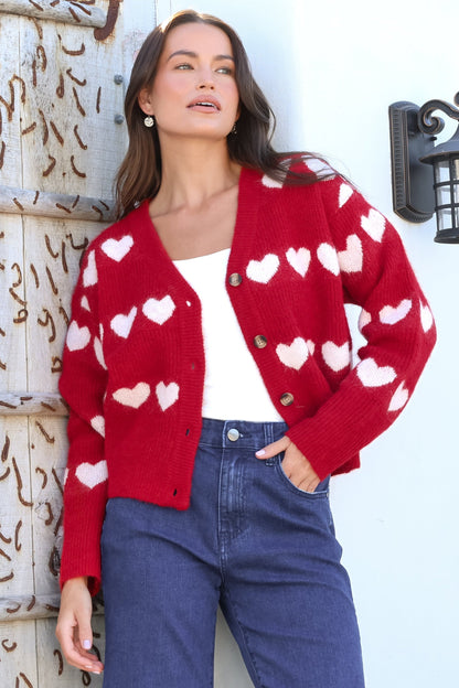Allaria Cardigan - V-Neck Button Front Heart Motif Knit in Red