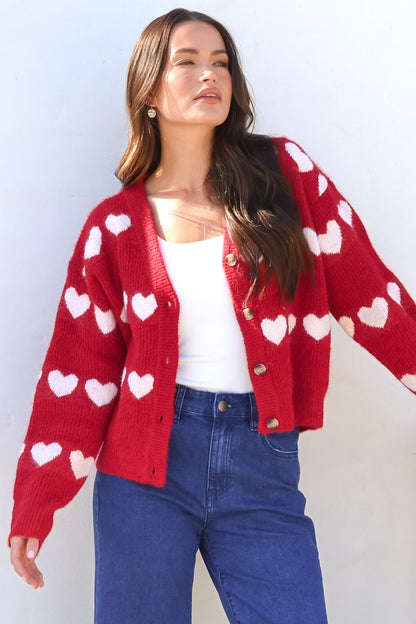 Allaria Cardigan - V-Neck Button Front Heart Motif Knit in Red