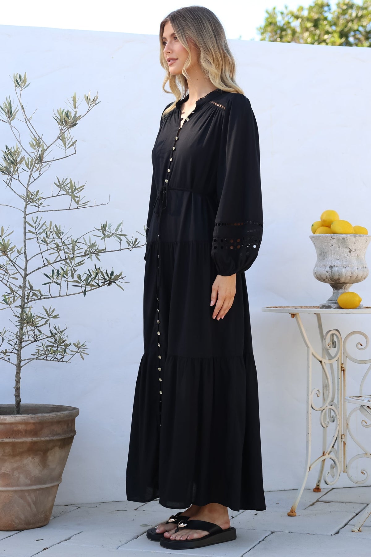 Alyce Maxi Dress - Mandarin Collar Button Down with Detachable Waist Tie in Black