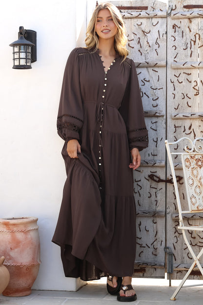 Alyce Maxi Dress - Mandarin Collar Button Down with Detachable Waist Tie in Chocolate