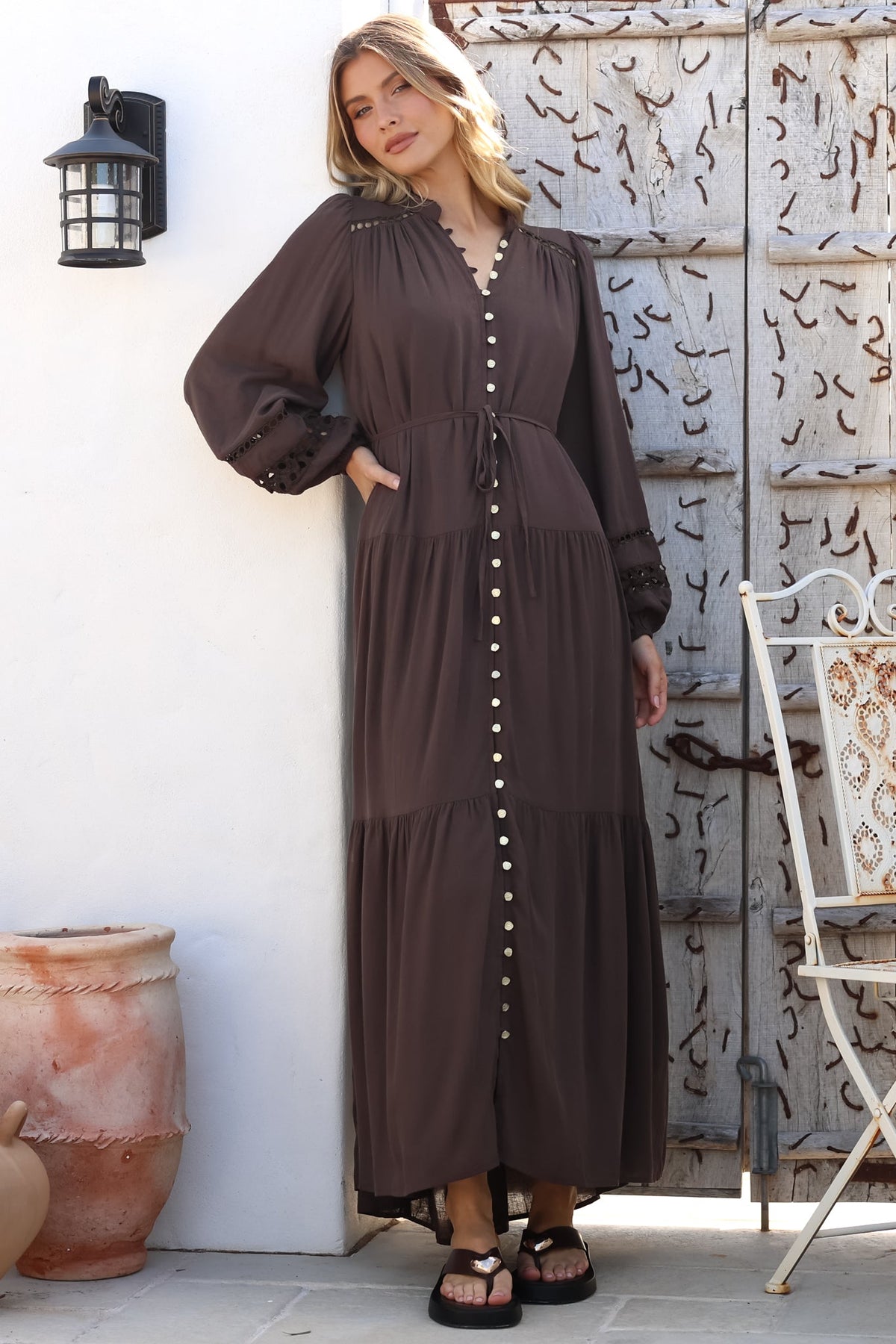 Alyce Maxi Dress - Mandarin Collar Button Down with Detachable Waist Tie in Chocolate