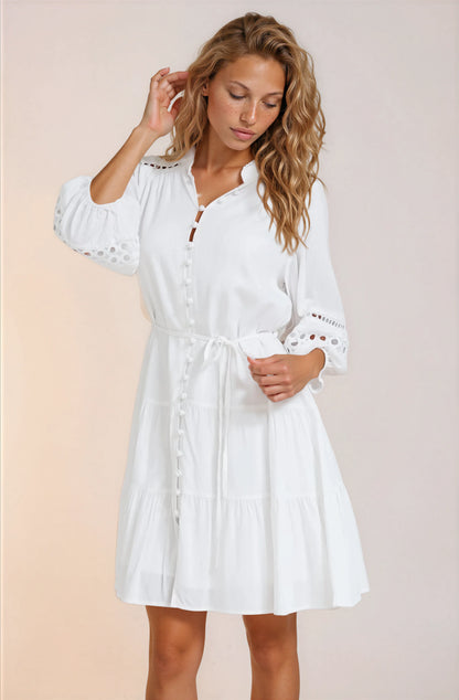 Alyce Mini Dress - Button Down Dress with Cut Out Detailed Sleeves and Matching Belt in White