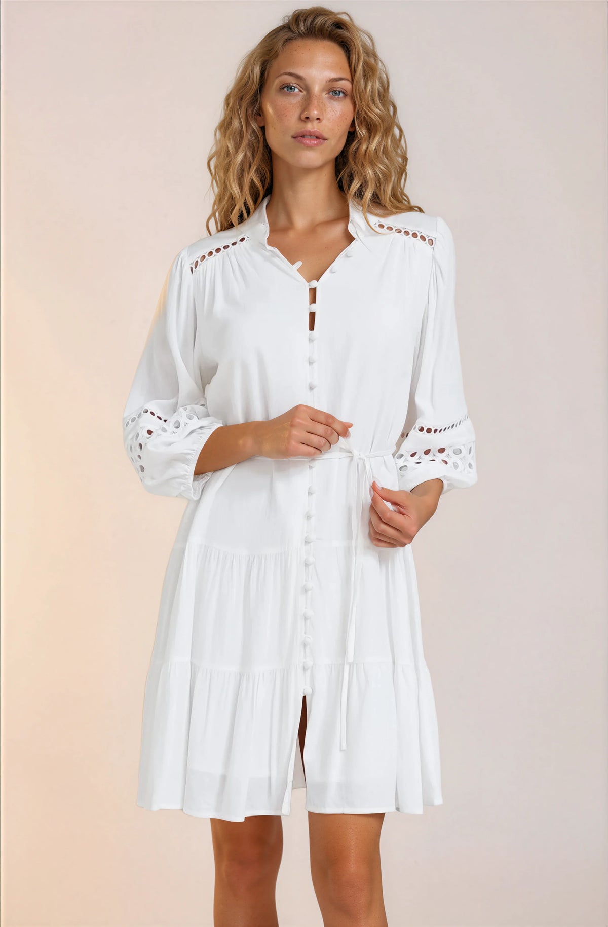 Alyce Mini Dress - Button Down Dress with Cut Out Detailed Sleeves and Matching Belt in White