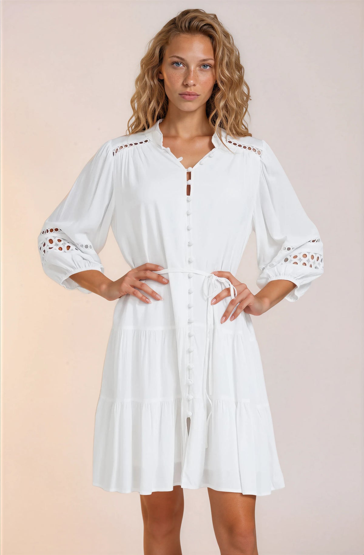 Alyce Mini Dress - Button Down Dress with Cut Out Detailed Sleeves and Matching Belt in White