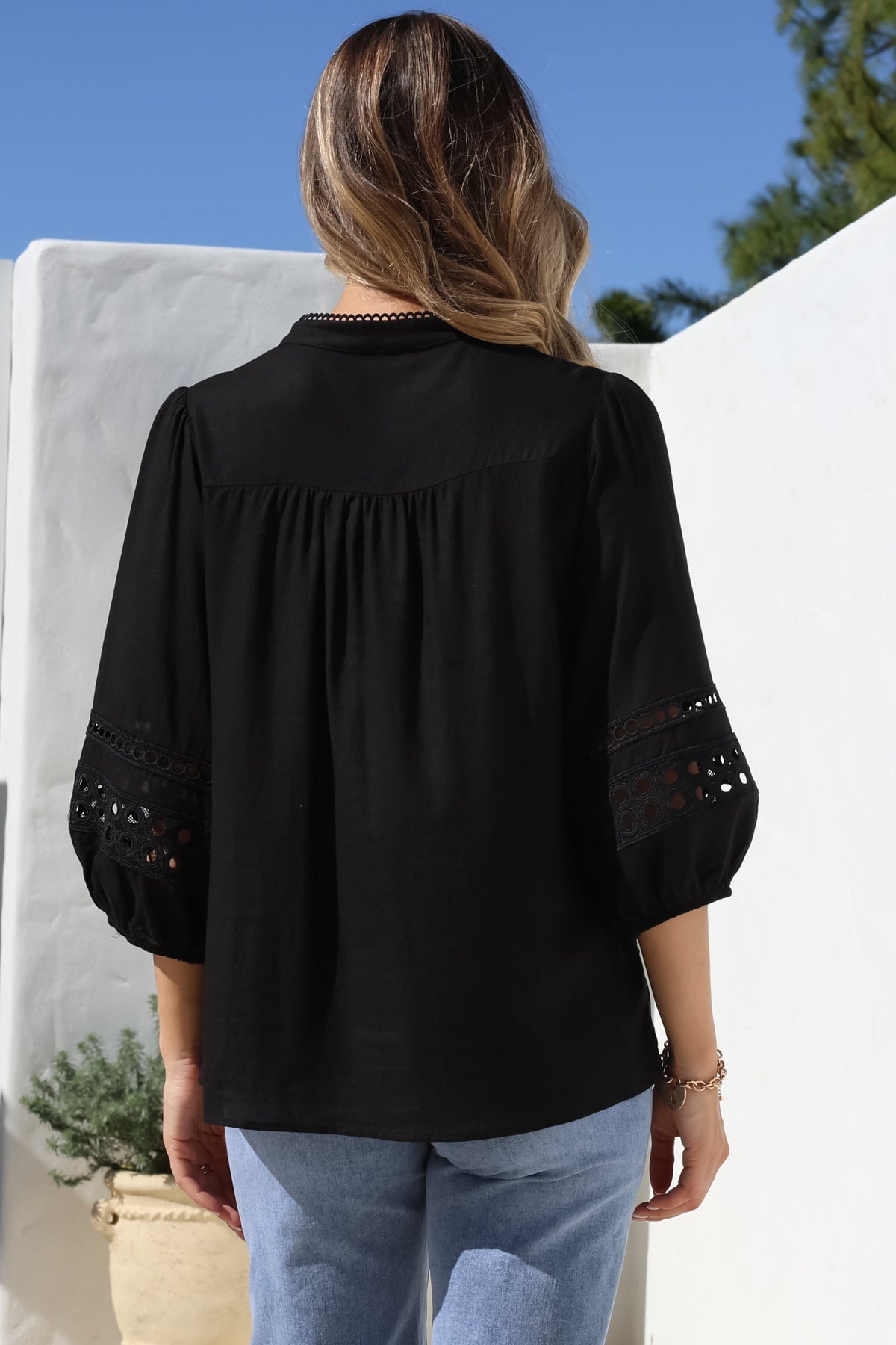 Alyce Shirt - Mandarin Collar Cut Out Detailed Sleeve Button Down in Black