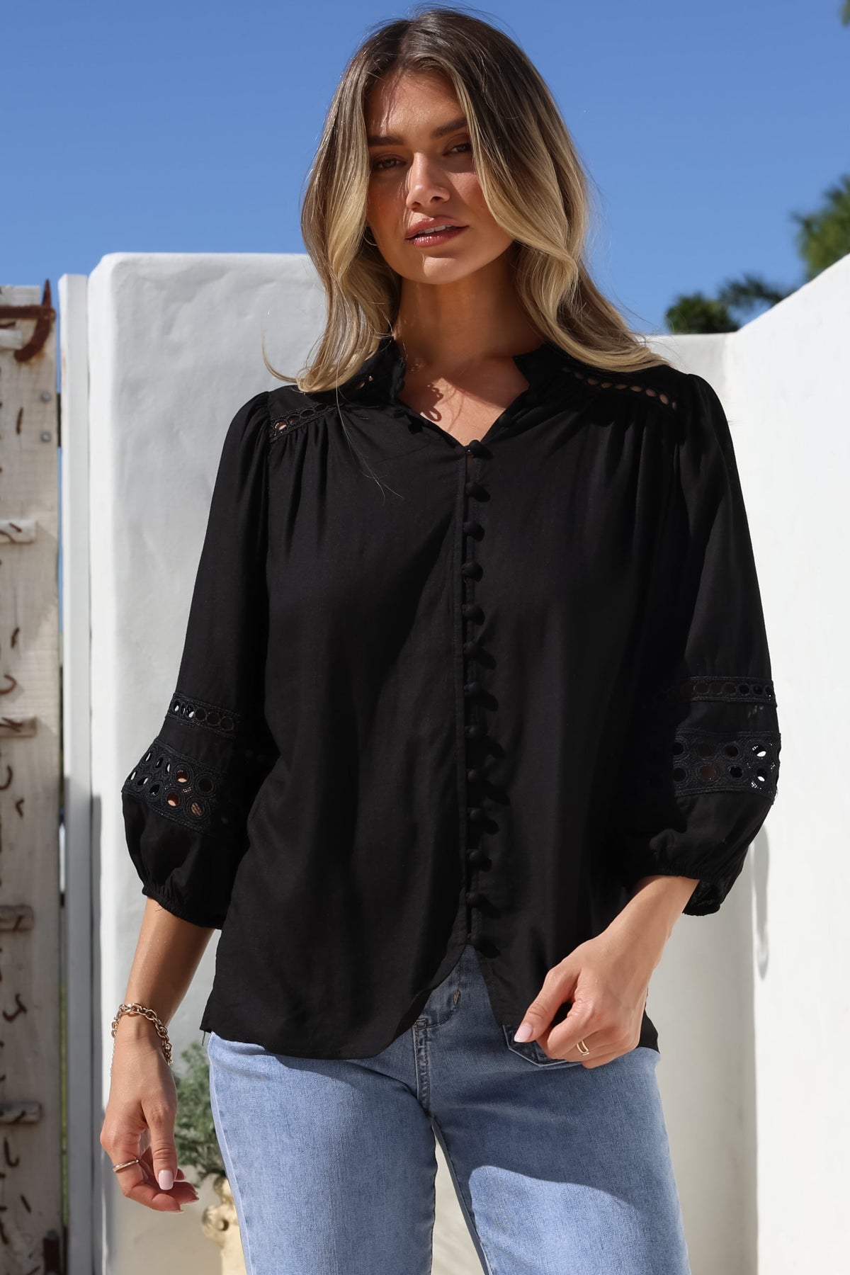 Alyce Shirt - Mandarin Collar Cut Out Detailed Sleeve Button Down in Black