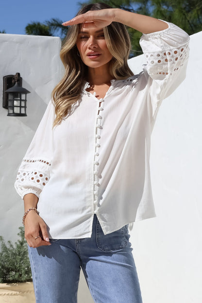 Alyce Shirt - Mandarin Collar Cut Out Detailed Sleeve Button Down in White