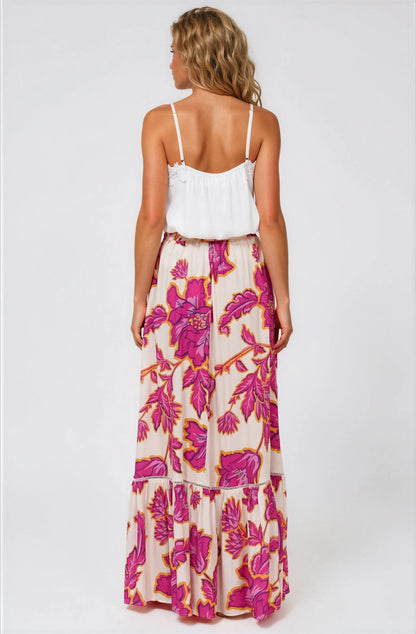 Amana Maxi Skirt - Tiered Skirt with Ladder Lace Insert Splicing in Kalia Print Cream