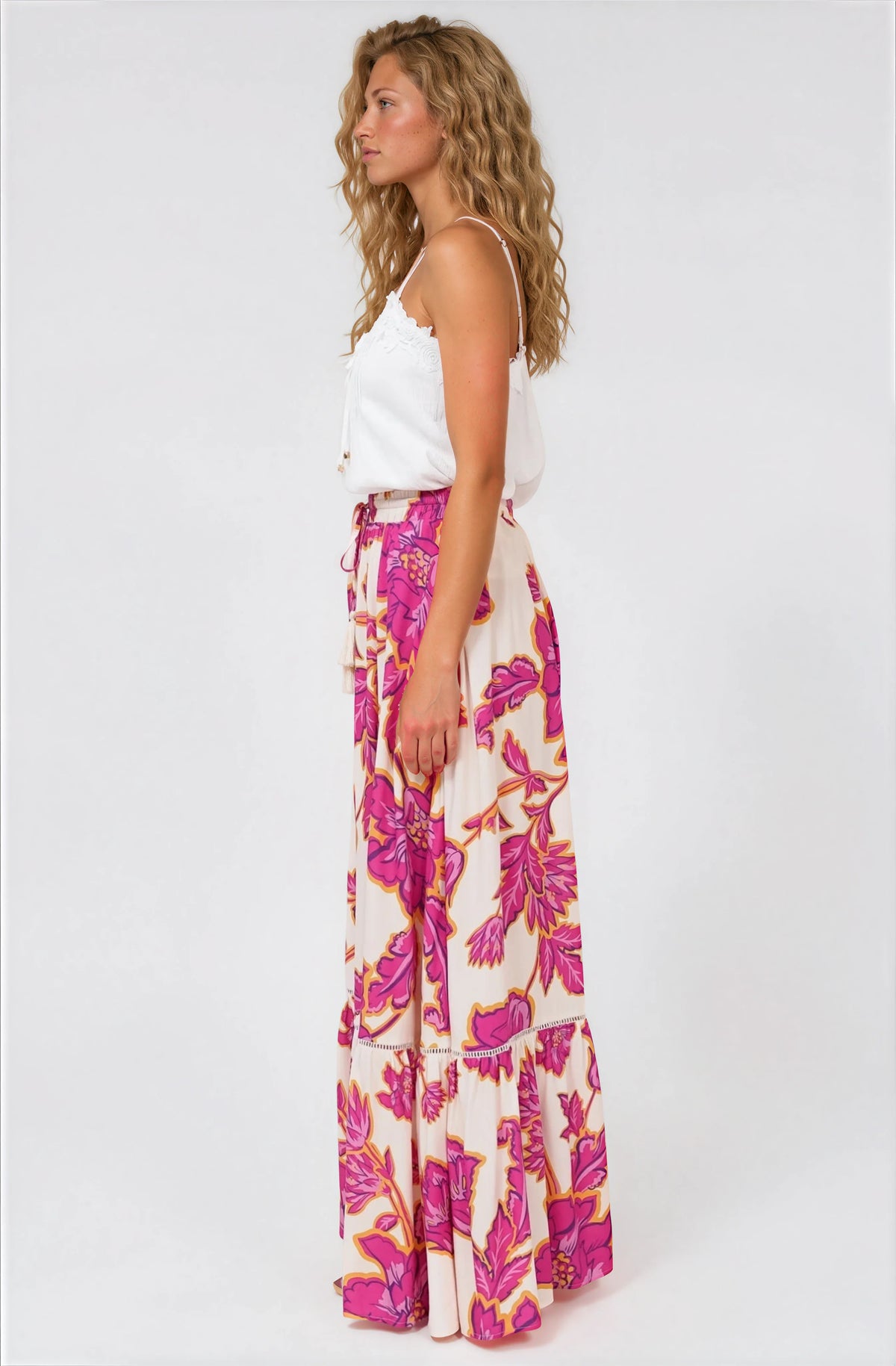 Amana Maxi Skirt - Tiered Skirt with Ladder Lace Insert Splicing in Kalia Print Cream
