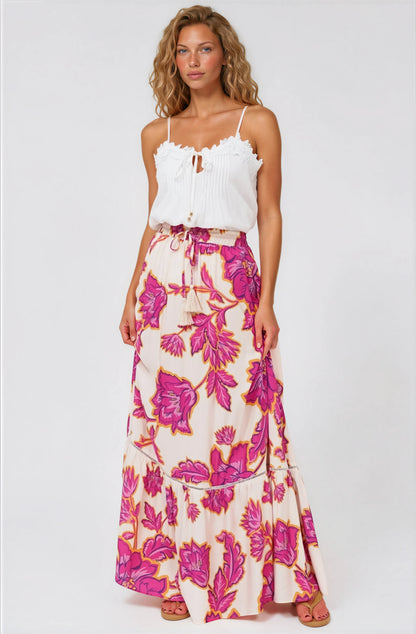 Amana Maxi Skirt - Tiered Skirt with Ladder Lace Insert Splicing in Kalia Print Cream