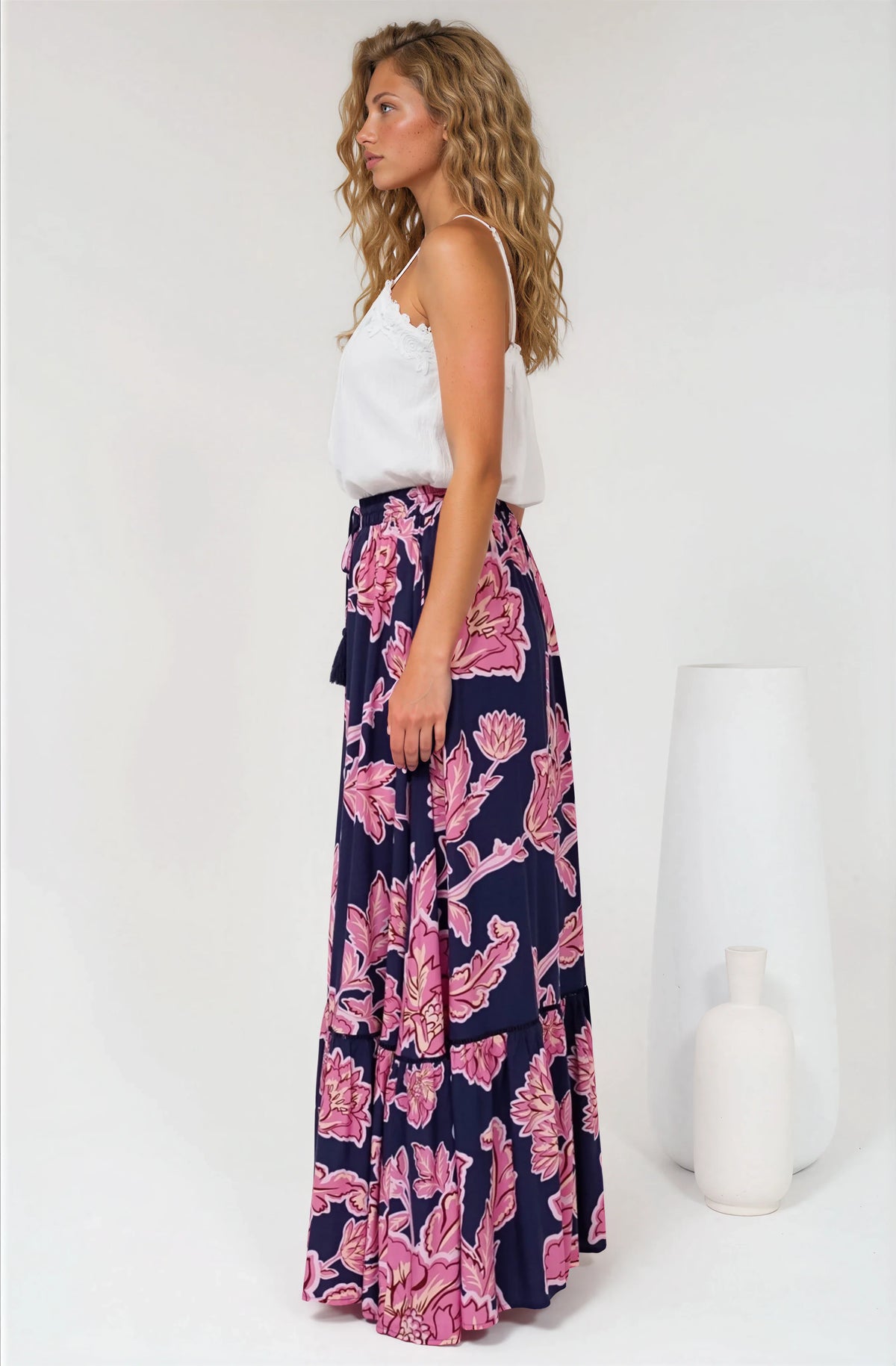 Amana Maxi Skirt - Tiered Skirt with Ladder Lace Insert Splicing in Kalia Print Navy