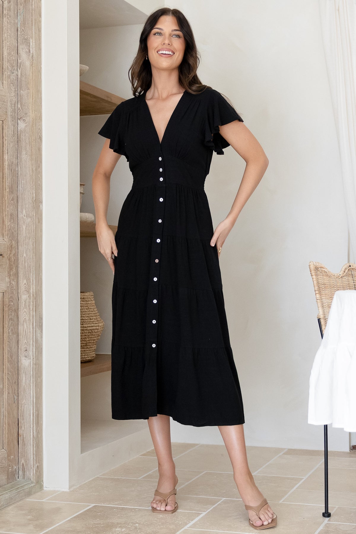 Amy Midi Dress - Flutter Cap Sleeve Buttoned Down V Neck Dress in Black