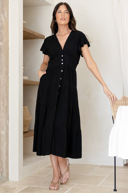 Amy Midi Dress - Flutter Cap Sleeve Buttoned Down V Neck Dress in Black