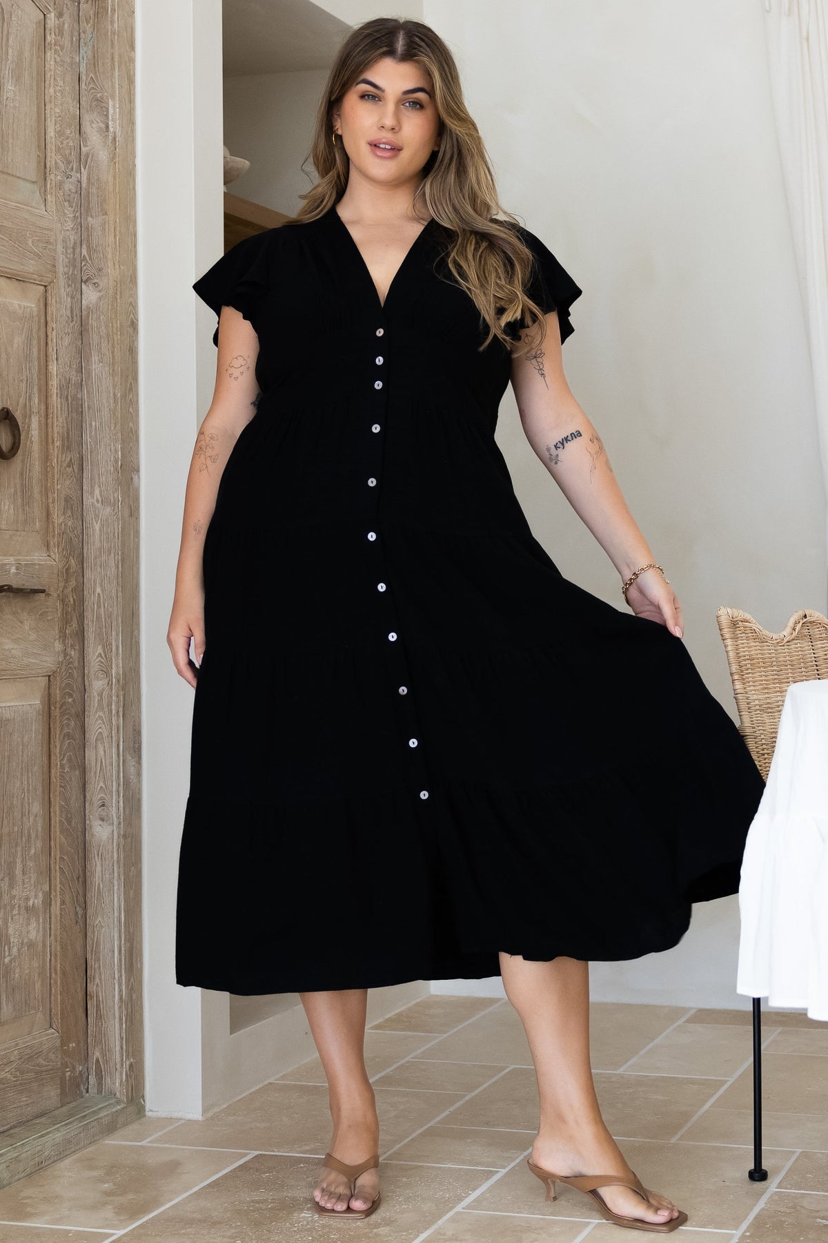Amy Midi Dress - Flutter Cap Sleeve Buttoned Down V Neck Dress in Black