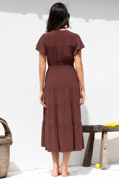 Amy Midi Dress - Flutter Cap Sleeve Buttoned Down V Neck Dress in Chocolate