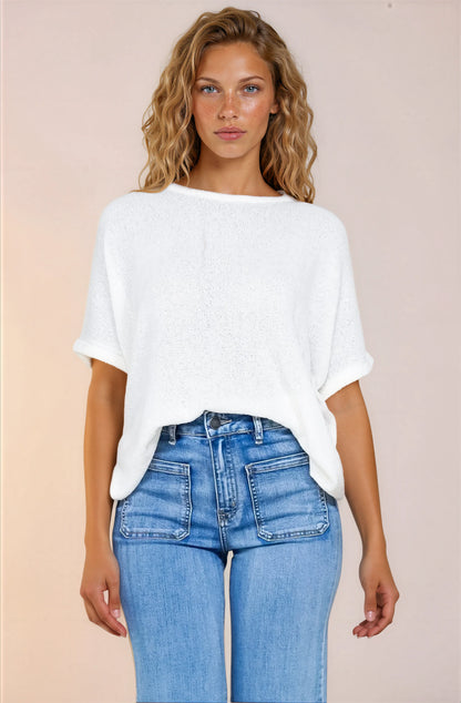 Andre Top - Crew Neck Slouchy Knit Top with Cuffed Short Sleeves in White