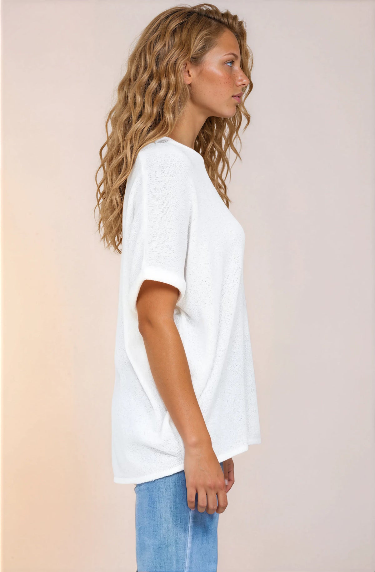 Andre Top - Crew Neck Slouchy Knit Top with Cuffed Short Sleeves in White