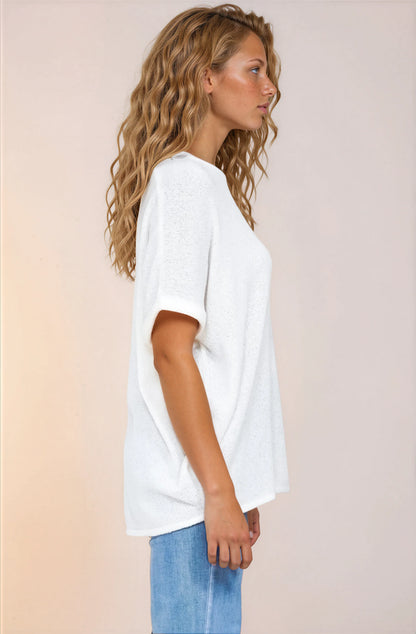 Andre Top - Crew Neck Slouchy Knit Top with Cuffed Short Sleeves in White