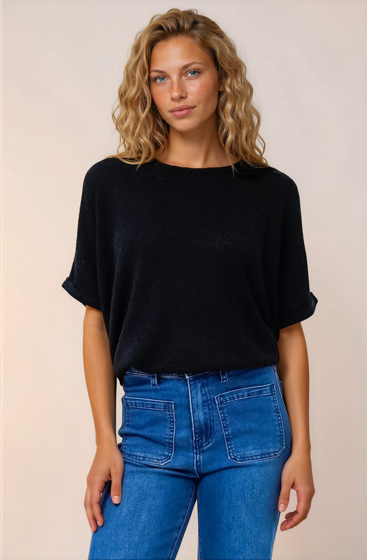 Andre Top - Crew Neck Slouchy Knit Top with Cuffed Short Sleeves in Black