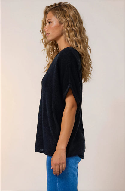 Andre Top - Crew Neck Slouchy Knit Top with Cuffed Short Sleeves in Black