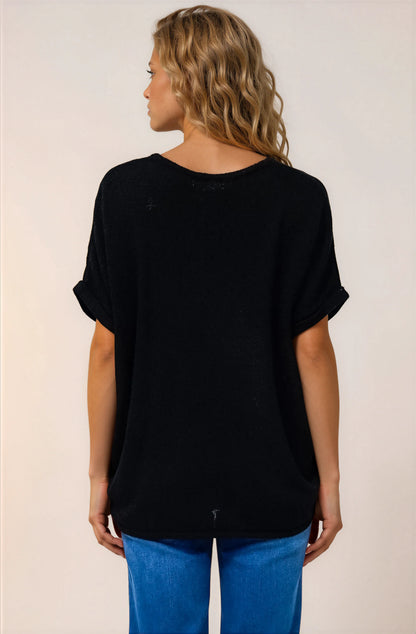 Andre Top - Crew Neck Slouchy Knit Top with Cuffed Short Sleeves in Black