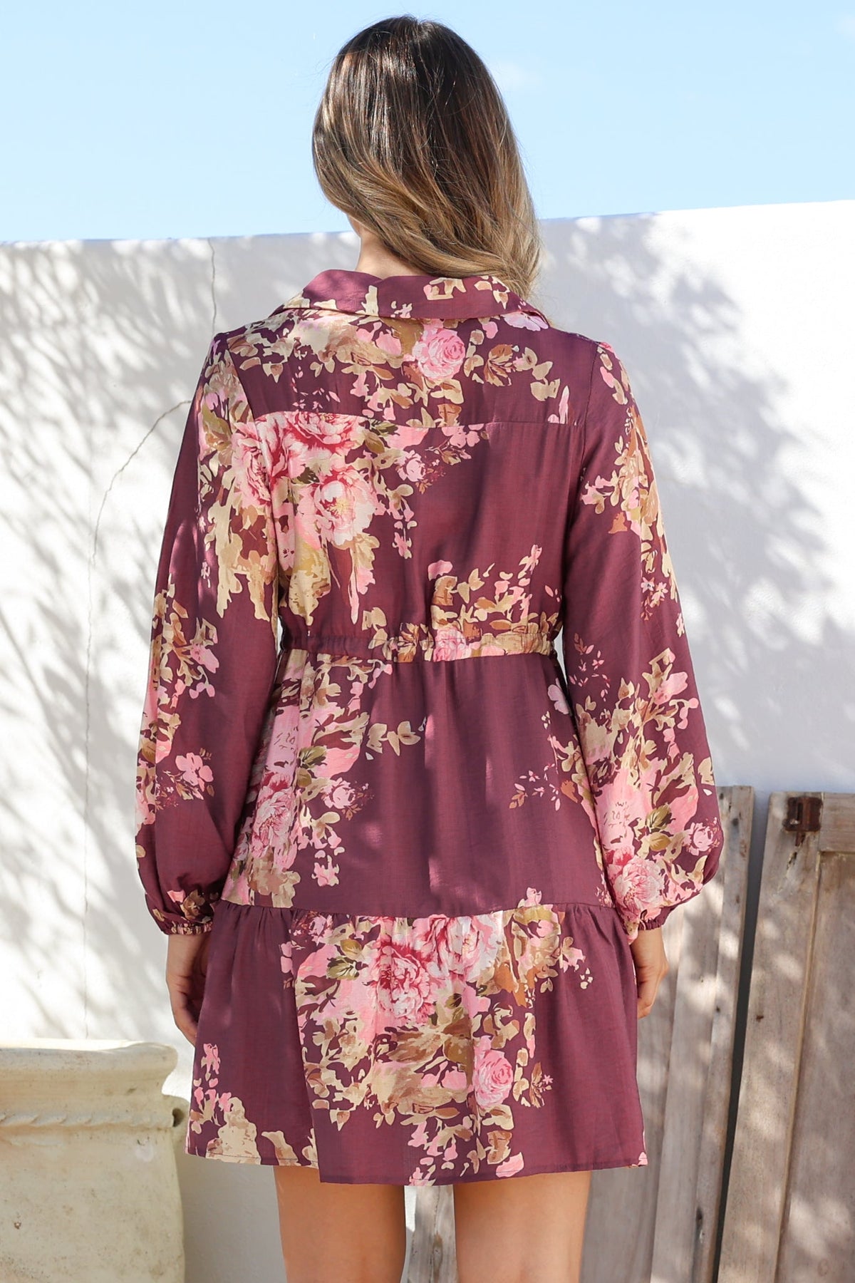 Anora Mini Dress - Collared Long Sleeve Dress with Pull Tie Waist in Vela Print Burgundy