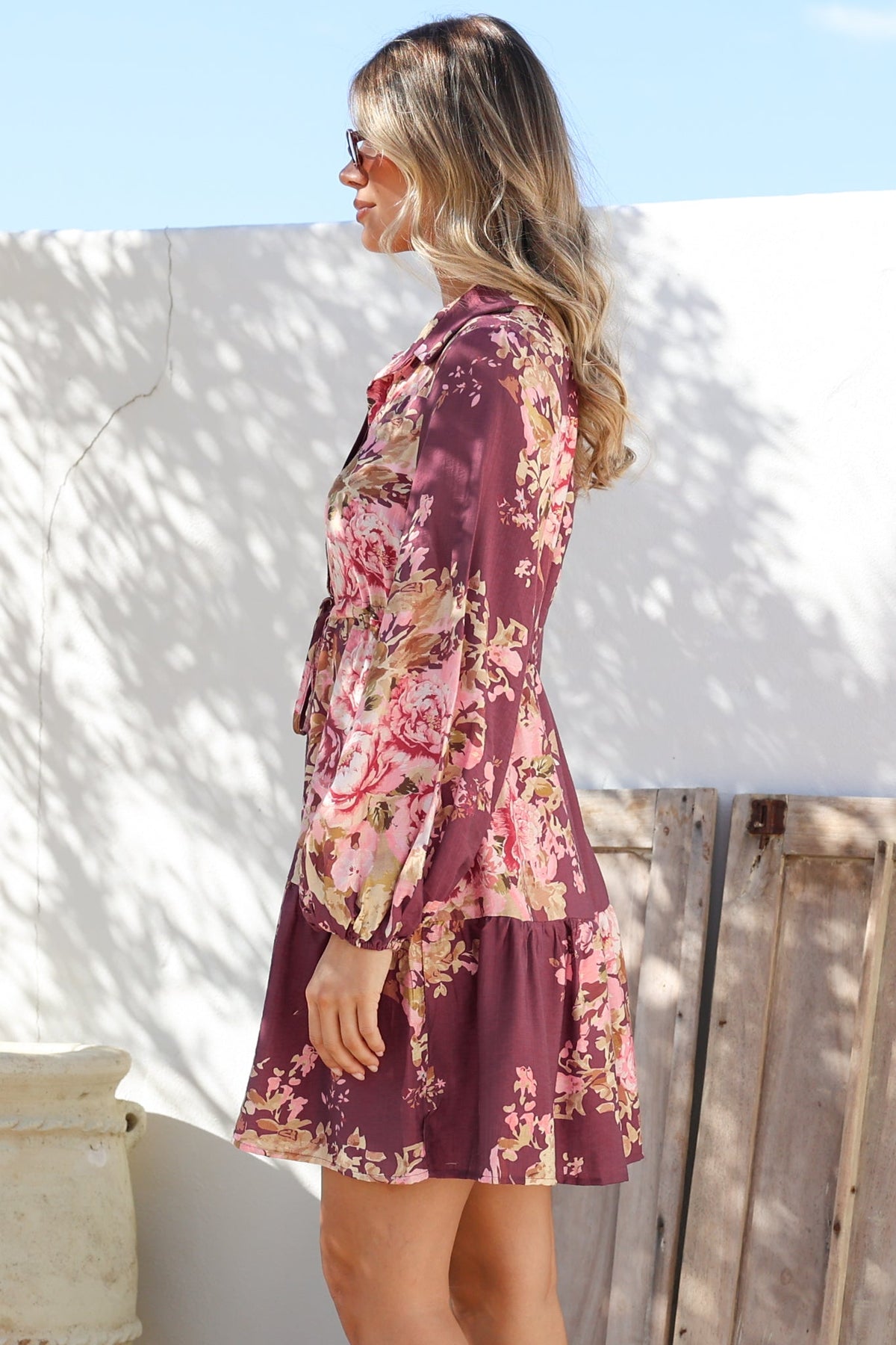 Anora Mini Dress - Collared Long Sleeve Dress with Pull Tie Waist in Vela Print Burgundy