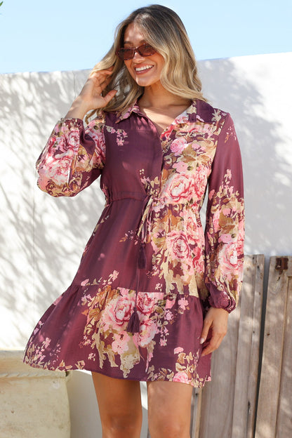 Anora Mini Dress - Collared Long Sleeve Dress with Pull Tie Waist in Vela Print Burgundy