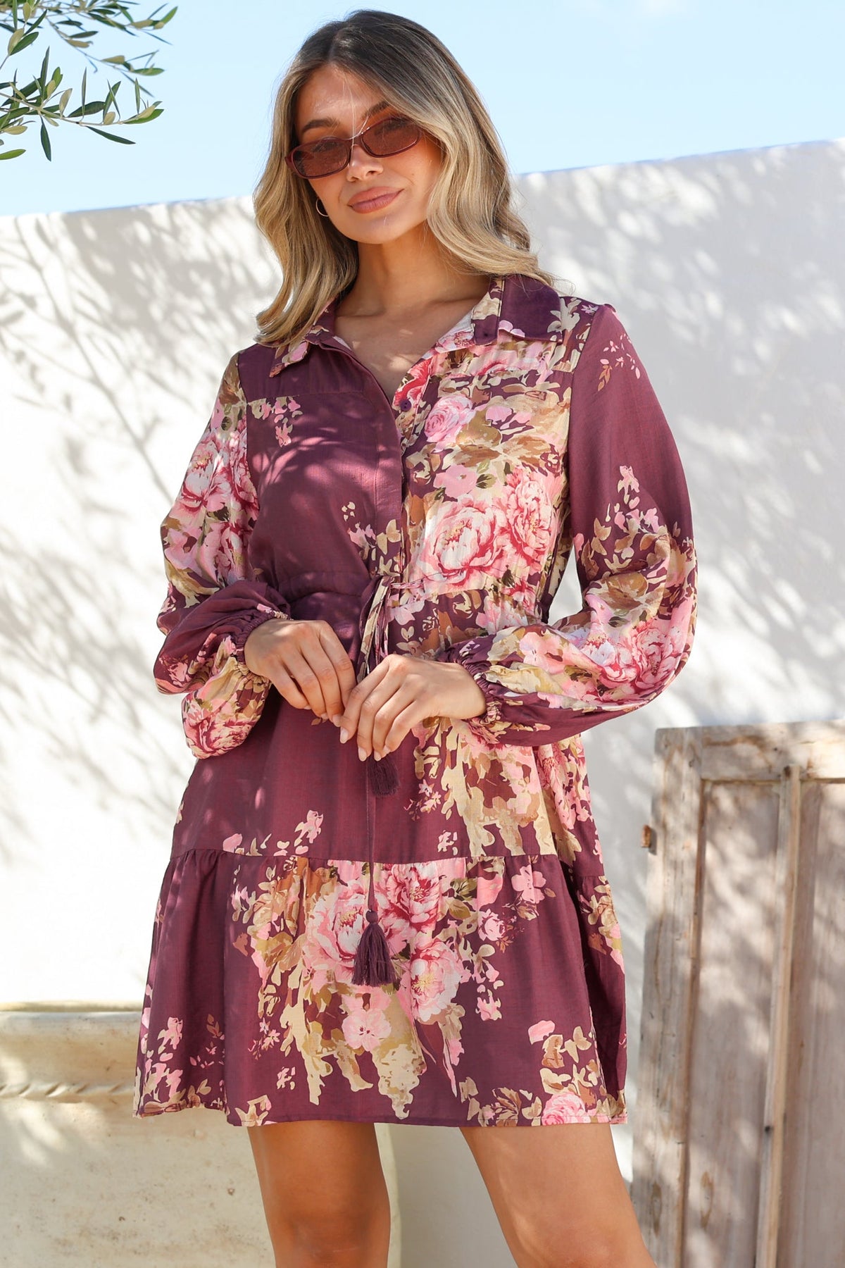 Anora Mini Dress - Collared Long Sleeve Dress with Pull Tie Waist in Vela Print Burgundy