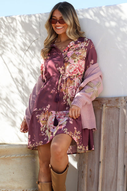 Anora Mini Dress - Collared Long Sleeve Dress with Pull Tie Waist in Vela Print Burgundy