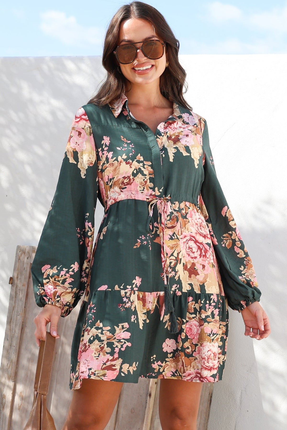 Anora Mini Dress - Collared Long Sleeve Dress with Pull Tie Waist in Vela Print Emerald