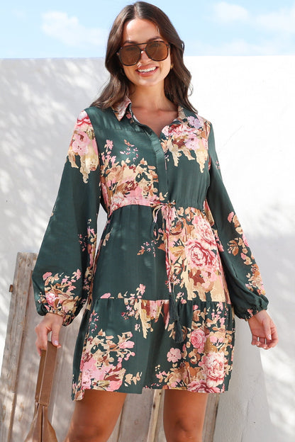 Anora Mini Dress - Collared Long Sleeve Dress with Pull Tie Waist in Vela Print Emerald
