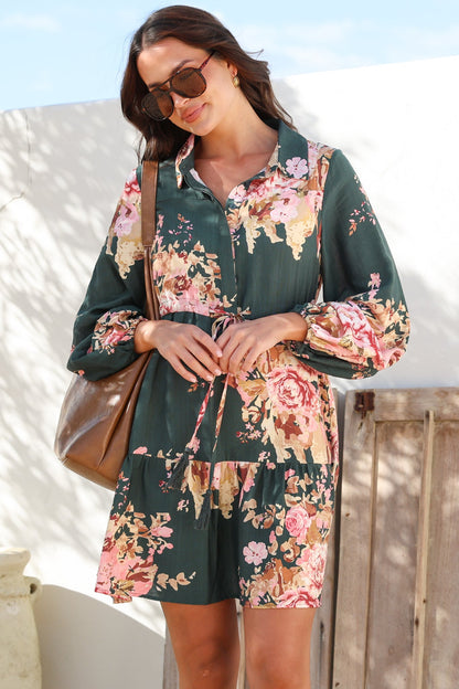 Anora Mini Dress - Collared Long Sleeve Dress with Pull Tie Waist in Vela Print Emerald