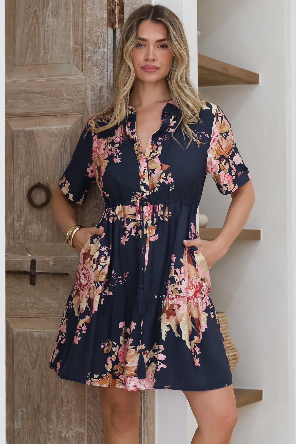Apryl Mini Dress - Collared Short Sleeve Dress with Pull Tie Waist in Vela Print Navy