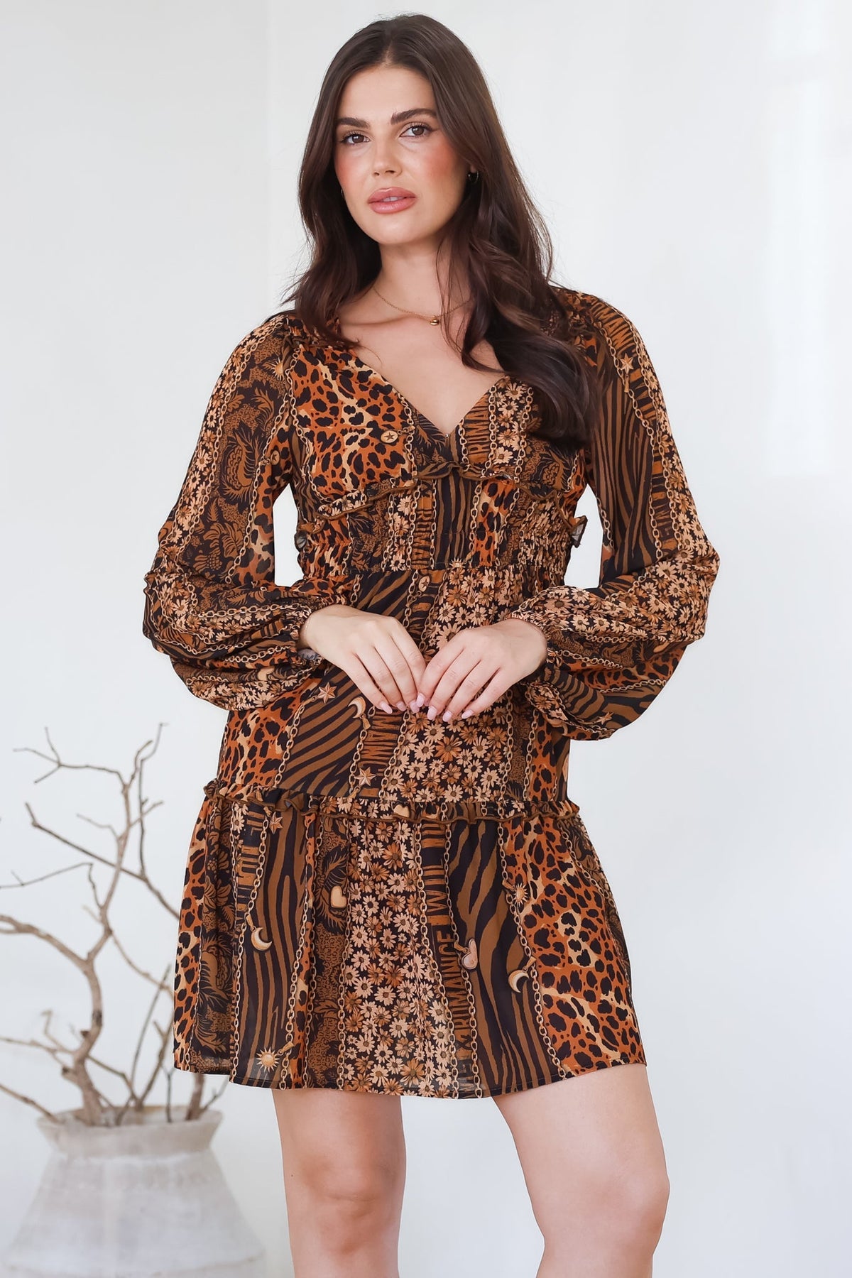 Arcadia Mini Dress - V-Neck Ruffle Splicing Long Sleeve Dress in Riley Print