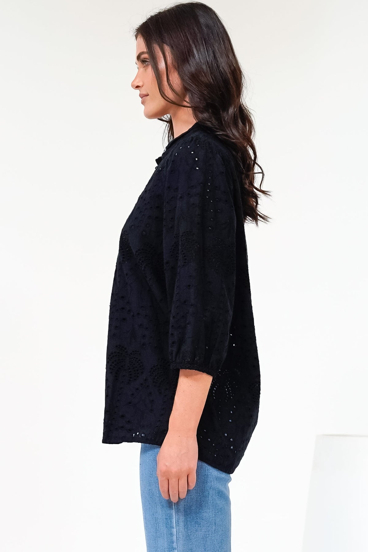Ardena Blouse - Eyelet Embroidery Cotton Button Down with 3/4 Sleeves in Black