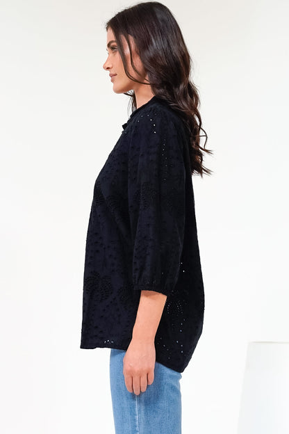 Ardena Blouse - Eyelet Embroidery Cotton Button Down with 3/4 Sleeves in Black