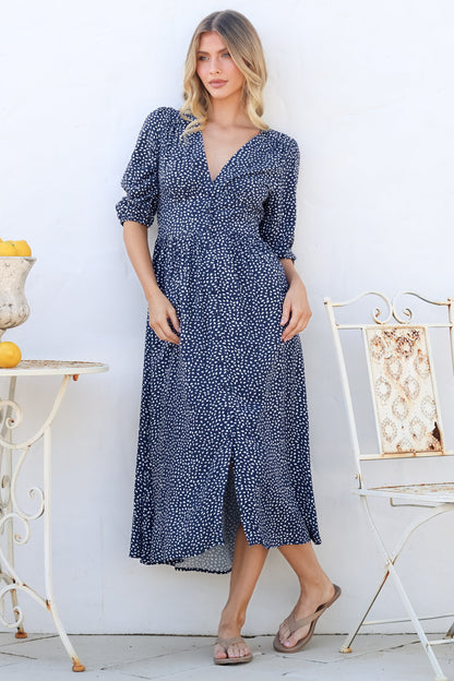 Arleni Midi Dress - V-Neck A-Line Dress with 3/4 Sleeves in Bell Print Navy